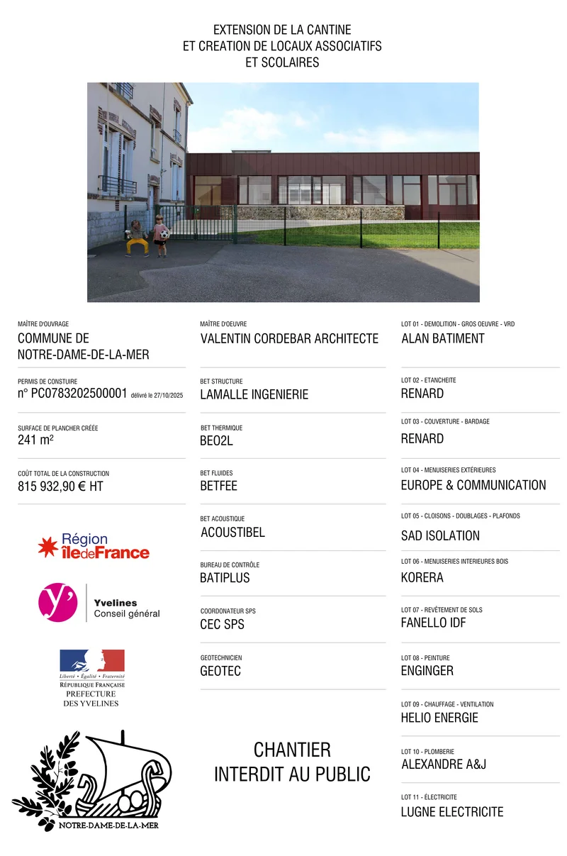 Panneau de chantier : extension de la cantine et création de locaux associatifs et scolaires