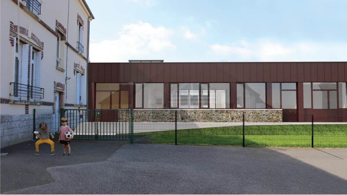 Perspective d’insertion du futur restaurant scolaire et des locaux associatifs, à côté de l’école